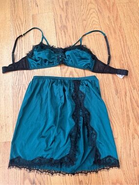 Bettie Page Teal Satin Bra & Slip Set with Black Lace